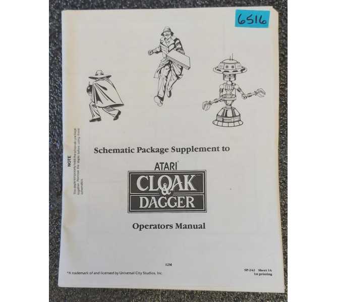 ATARI CLOAK & DAGGER Arcade Game OPERATORS MANUAL SCHEMATICS PACKALE SUPPLEMENT #6516