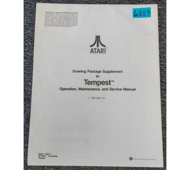ATARI TEMPEST Arcade Game Drawing Package Supplement to Operations, Maintenance & Service Manual #6383 
