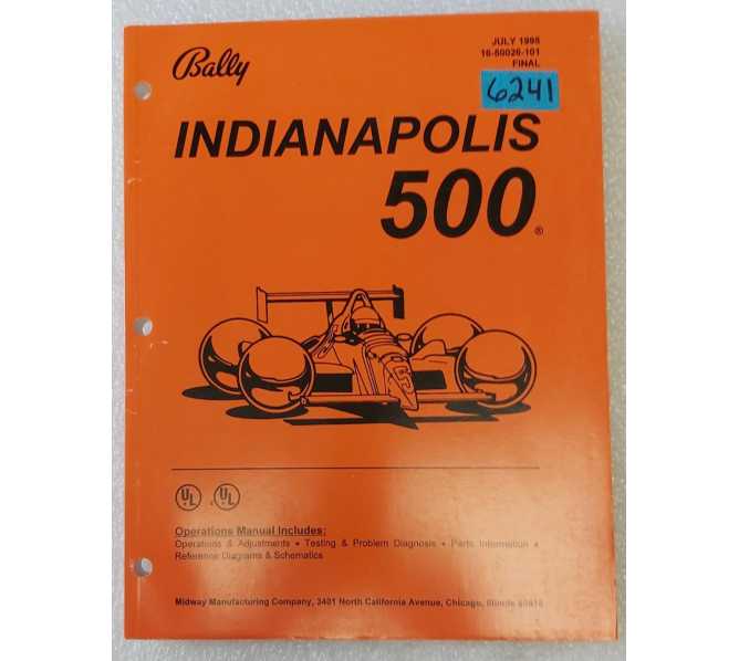 BALLY INDIANAPOLIS 500 Pinball OPERATIONS MANUAL #6241 