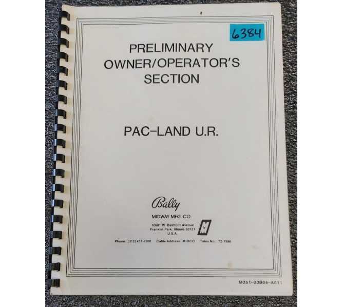 BALLY PAC-LAND U.R.Arcade Game Preliminary Owner / Operator's Section #6384 