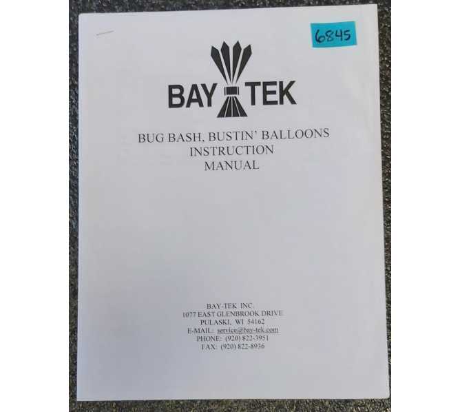 BAY TEK BUG BASH, BUSTIN' BALLOONS Arcade Game INSTRUCTION Manual #6845  