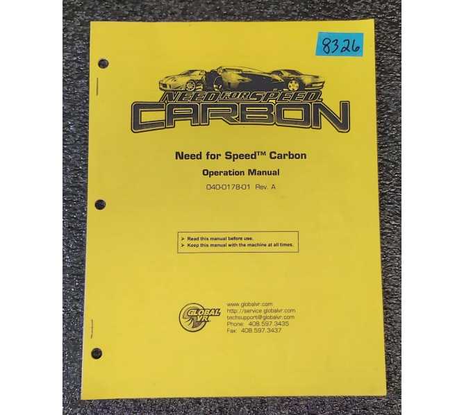 GLOBAL VR NEED FOR SPEED CARBON Arcade Game OPERATION MANUAL #8326 