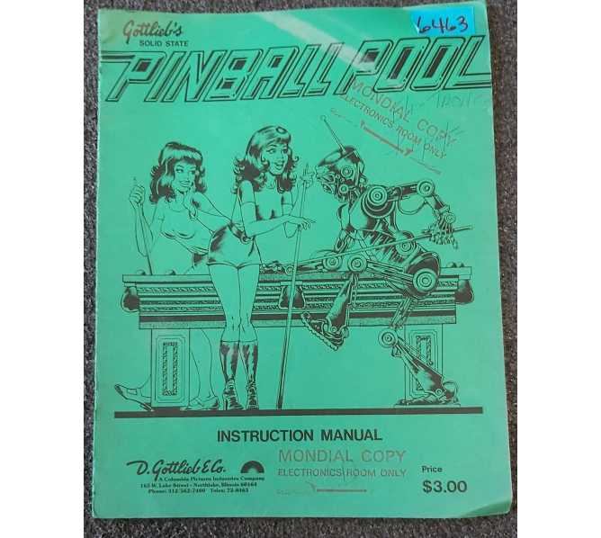 GOTTLIEB PINBALL POOL Pinball Machine INSTRUCTION Manual #6463  
