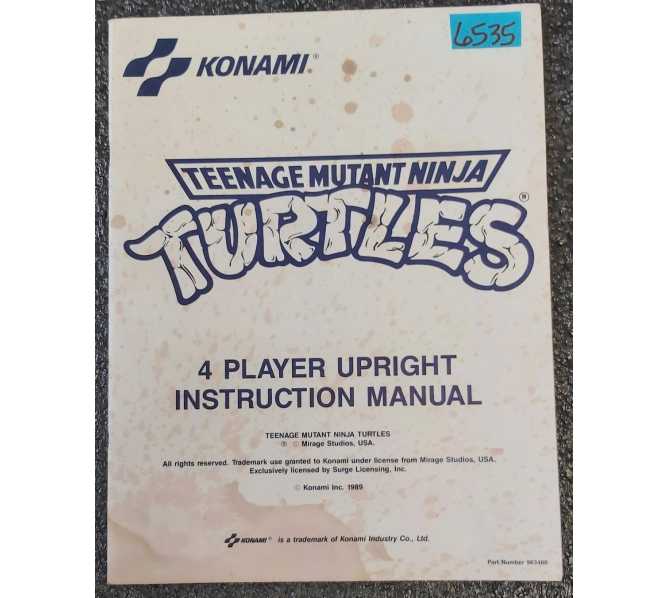 KONAMI TEENAGE MUTANT NINJA TURTLES 4 Player Upright Arcade Game Instruction Manual #6535 