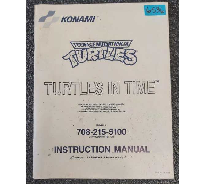 KONAMI TEENAGE MUTANT NINJA TURTLES: TURTLES IN TIME Arcade Game Instruction Manual #6536  