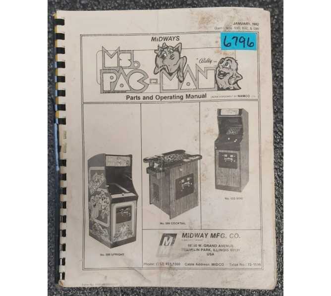 MIDWAY MS. PACMAN Arcade Game PARTS and OPERATING Manual #6796