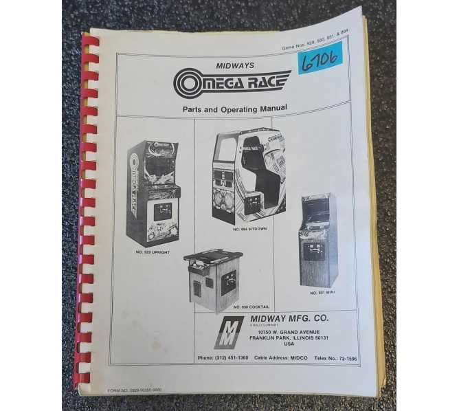 MIDWAY OMEGA RACE Arcade Game PARTS and OPERATING MANUAL #6706  