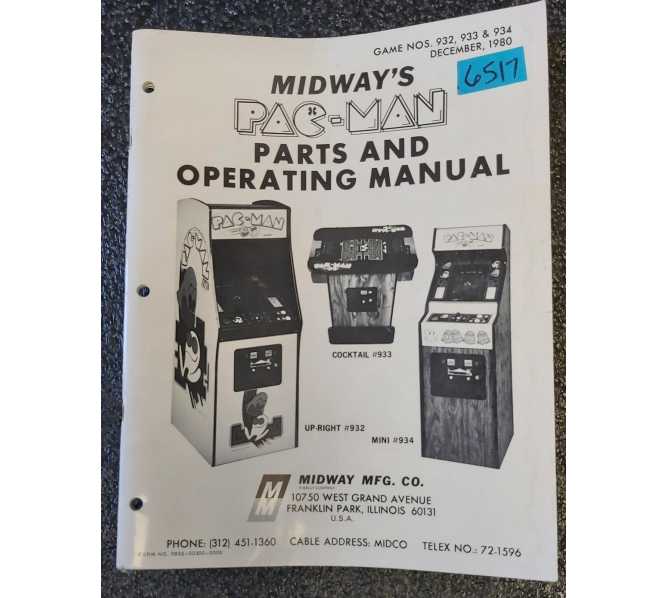 MIDWAY PAC-MAN Arcade Game Parts and Operating Manual #6517 