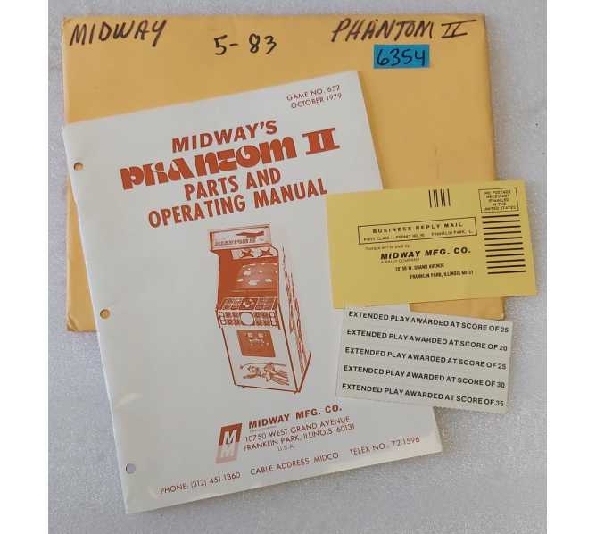 MIDWAY PHANTOM II Arcade Game Parts & Operating Manual #6354  