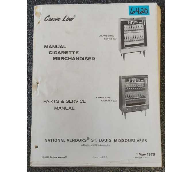 NATIONAL VENDORS CROWN LINE MANUAL CIGARETTE MERCHANDISER PARTS & SERVICE Manual #6420 