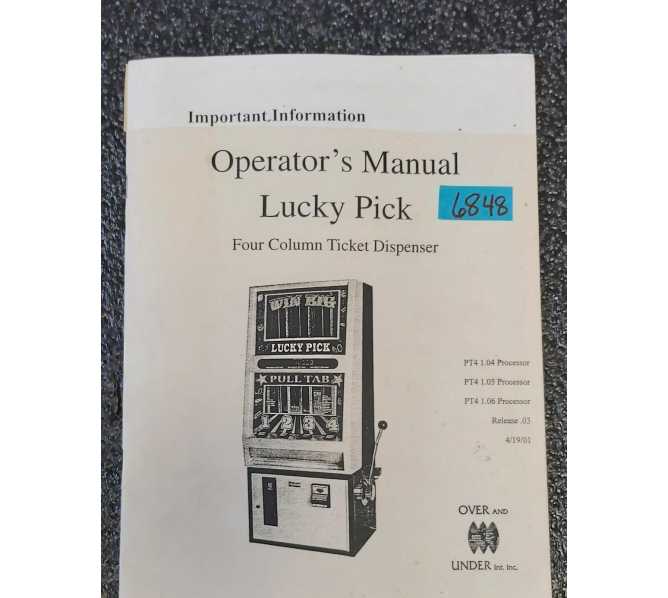 OVER AND UNDER LUCKY PICK Arcade Machine OPERATOR'S Manual #6848 