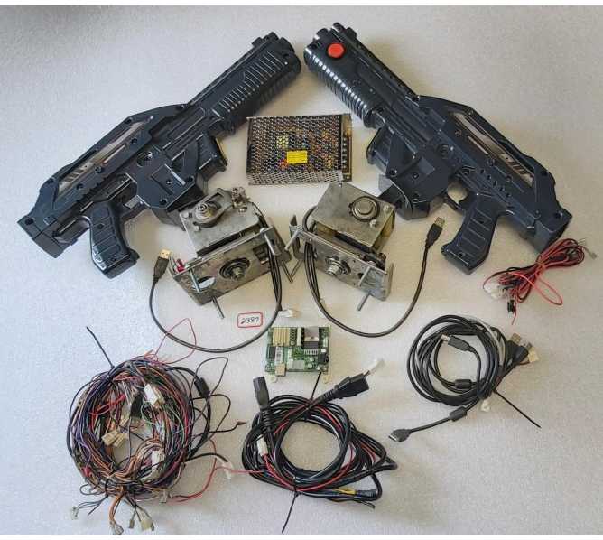 PAIR of Fixed MACHINE GUNS w WIRING from Chinese Arcade Game Cabinet running Aliens (2387)