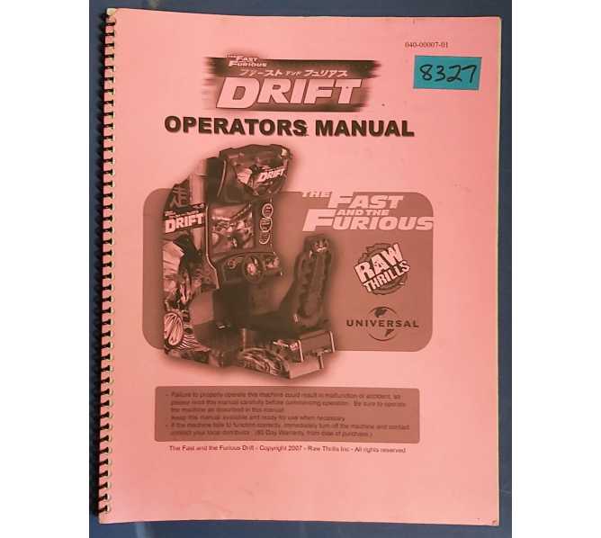 RAW THRILLS THE FAST and THE FURIOUS DRIFT Arcade Game OPERATOR'S Manual #8327 