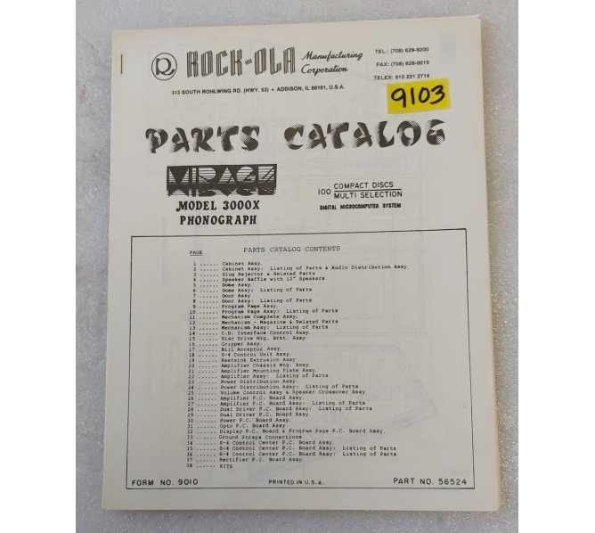 ROCK-OLA MODEL 3000 Jukebox PARTS CATALOG #9103 