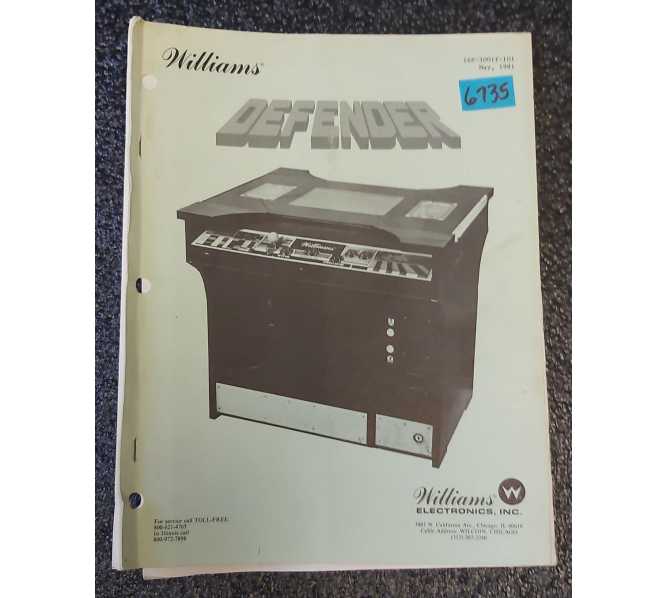 WILLIAMS DEFENDER COCKTAIL TABLE Arcade Game MANUAL #6735