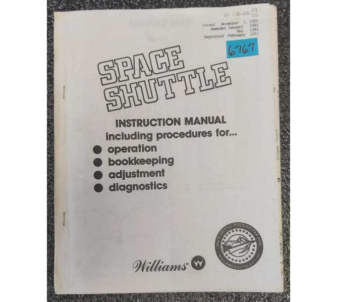 WILLIAMS SPACE SHUTTLE Pinball Machine INSTRUCTION MANUAL #6767 
