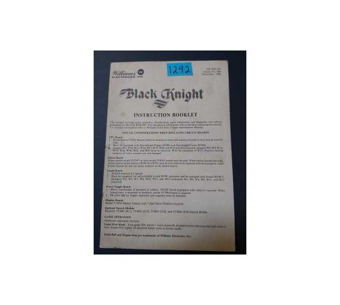 BLACK KNIGHT Pinball OPERATOR'S HANDBOOK #1292 for sale