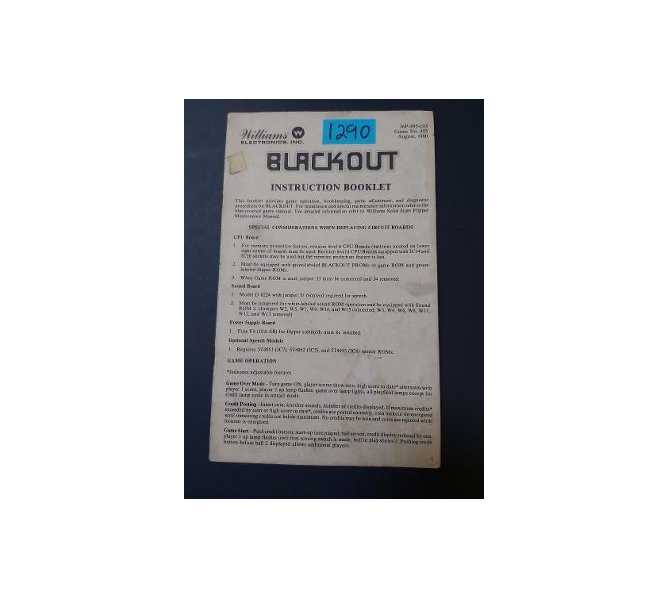 BLACKOUT Pinball OPERATOR'S HANDBOOK #1290 for sale 