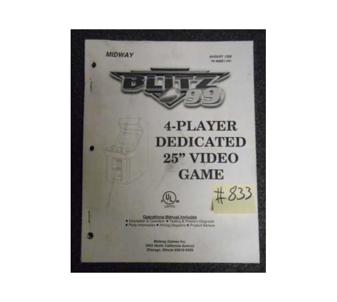 BLITZ 99 4 PLAYER DEDICATED Arcade Machine Game OPERATIONS MANUAL #833 for sale  