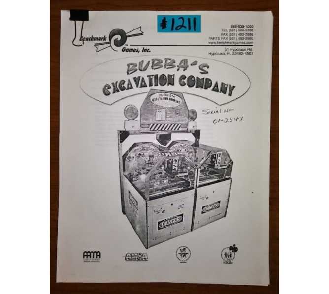 BUBBA'S EXCAVATION COMPANY Arcade Machine Game MANUAL & MISC. PAPERWORK #1211 for sale 