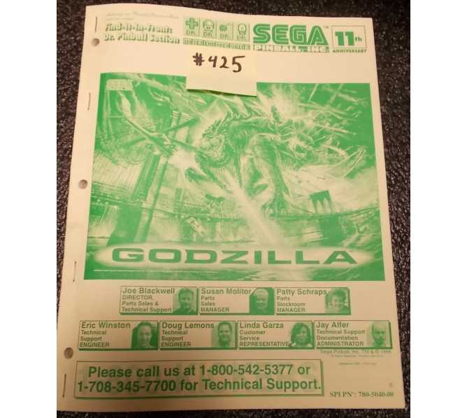 GODZILLA Pinball Machine Game Owner's Manual #425 for sale - SEGA 