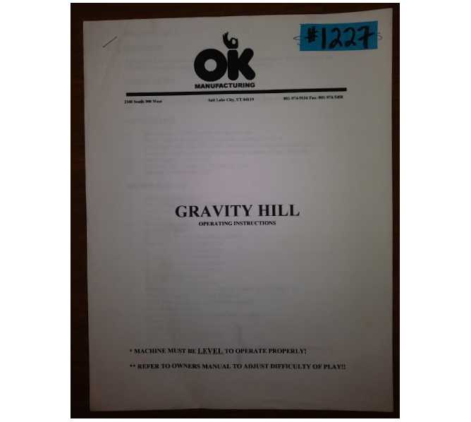 GRAVITY HILL Arcade Machine Game OPERATING INSTRUCTIONS #1227 for sale 