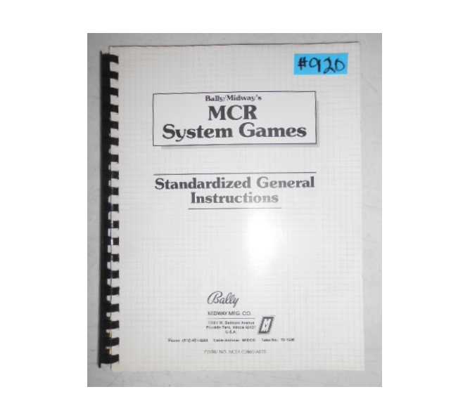 MCR SYSTEM GAMES Video Arcade Machine Game STANDARDIZED GENERAL INSTRUCTIONS #920 for sale  