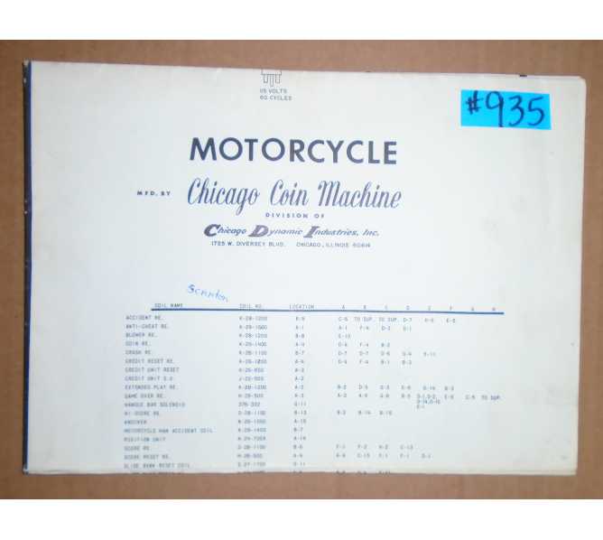 MOTORCYCLE Arcade Machine Game SCHEMATIC #935 for sale  