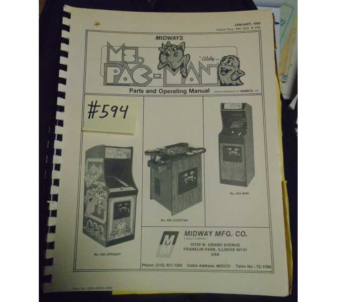MS. PAC-MAN Video Arcade Machine Game Parts and Operating Manual #594 for sale - MIDWAY