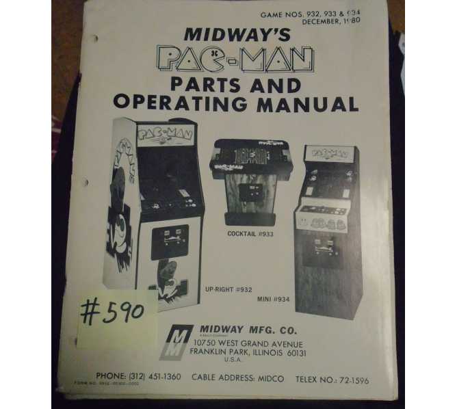 PAC-MAN Video Arcade Machine Game Parts and Operating Manual #590 for sale - MIDWAY