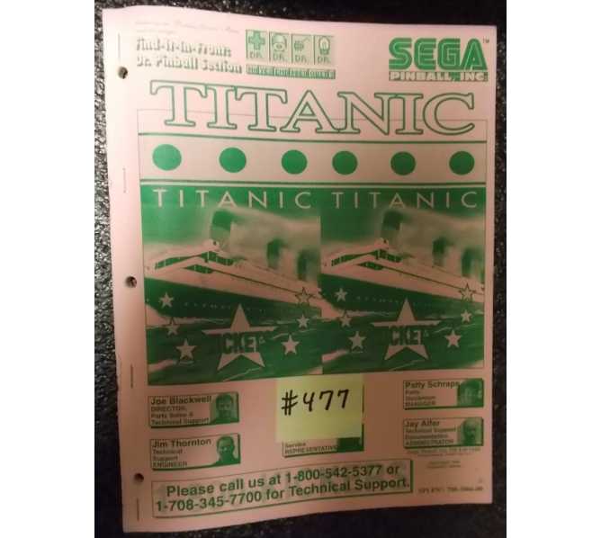 TITANIC Pinball Machine Game Manual #477 for sale - SEGA 