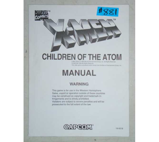 X-MEN CHILDREN OF THE ATOM Arcade Machine Game MANUAL #881 for sale  